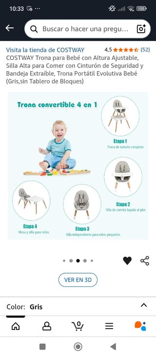 Trona COSTWAY Evolutiva Bebé Gris