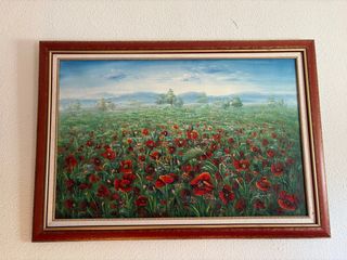 Cuadro al óleo paisaje campo amapolas