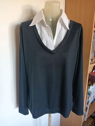 Maglia blu colletto camicia con strass taglia L