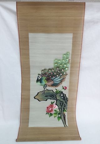 Stuoia bambù ricamo pavone