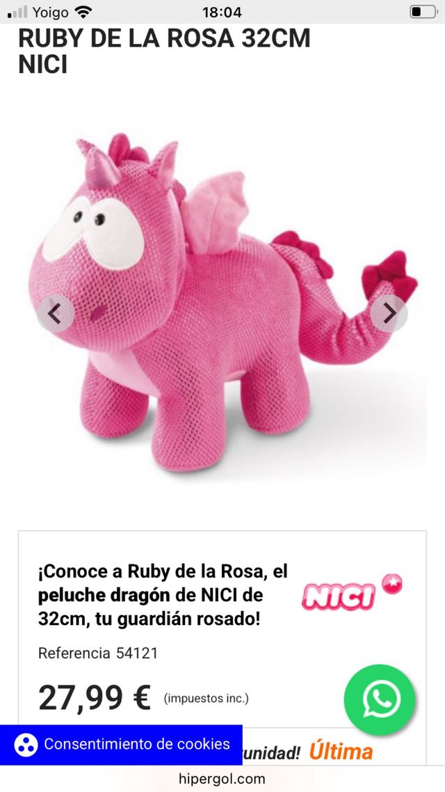 Peluche Dragón Rosa NICI 32cm