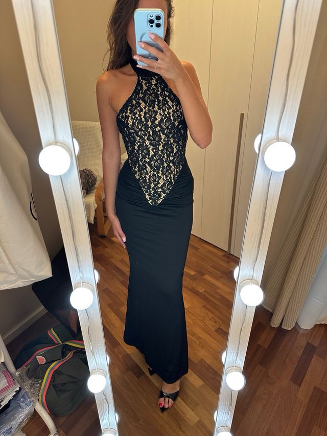 Abito lungo pizzo nero e beige