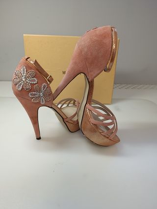 Sandalias de tacón fiesta doradas y rosas talla 37