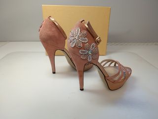 Sandalias de tacón fiesta doradas y rosas talla 37