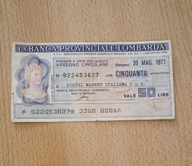 Miniassegno Banca Provinciale Lombarda 50 Lire