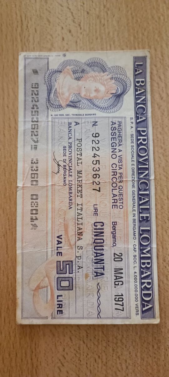 Miniassegno Banca Provinciale Lombarda 50 Lire
