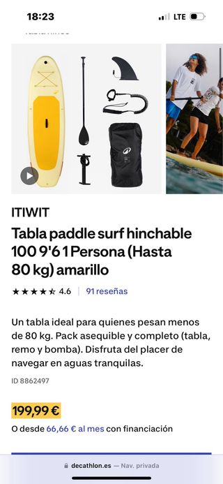 Tabla Paddle Surf Amarilla + Remo + Bomba