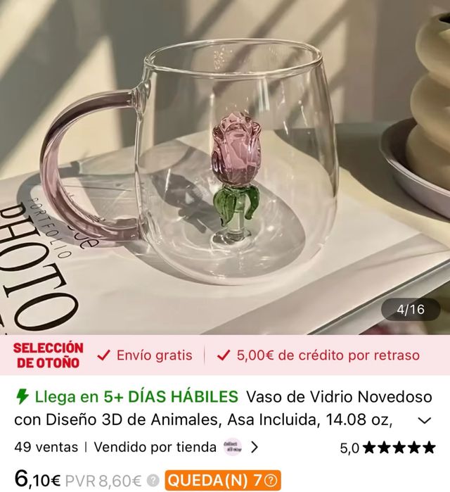 Taza de cristal con rosa 3D