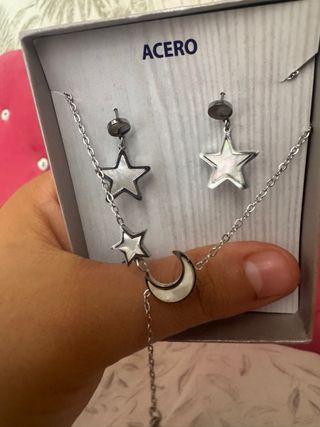 Conjunto collar y pendientes acero estrellas y lun
