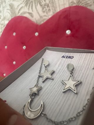 Conjunto collar y pendientes acero estrellas y lun