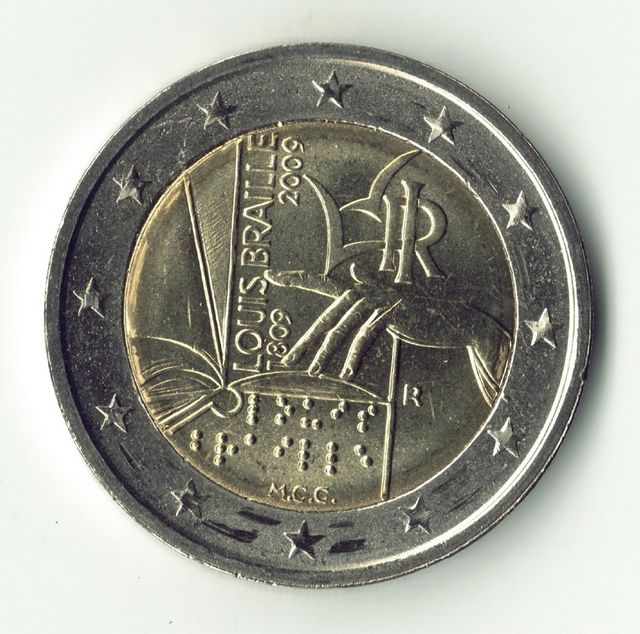 Moeda de 2 euros Itália 2009, UNC. Louis Braille