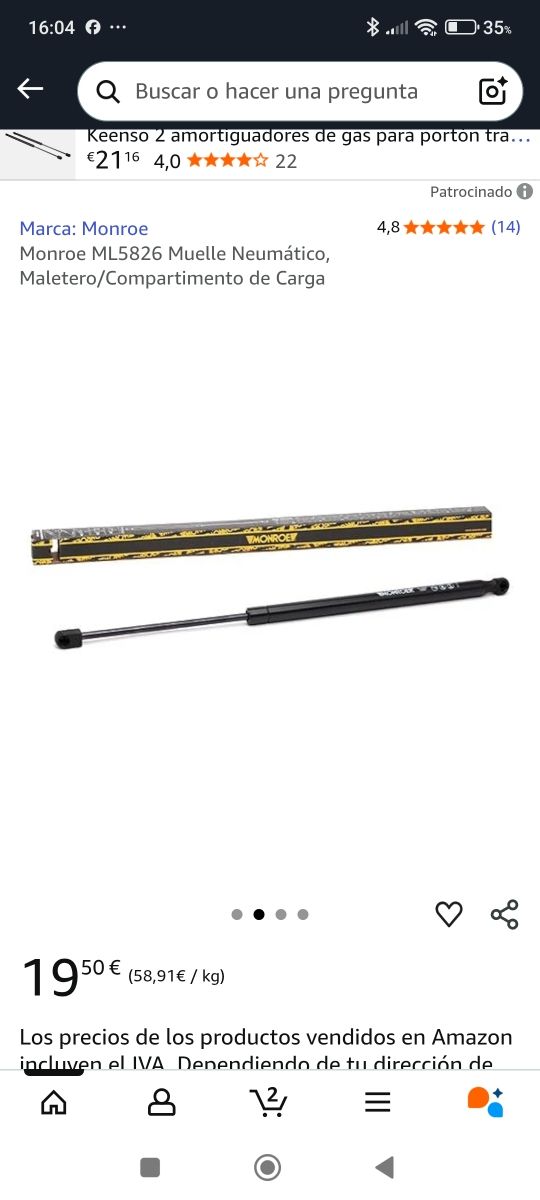 X2 Monroe ML5826 Muelle Neumático Maletero