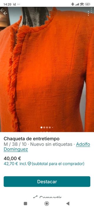 Chaqueta Adolfo Dominguez Naranja Talla M