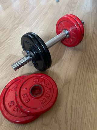 Pesas de gimnasio rojas y negras