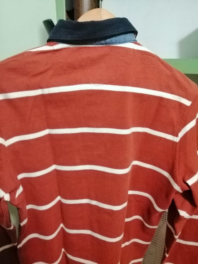 Polo caballero rayas blancas y fondo caldera.