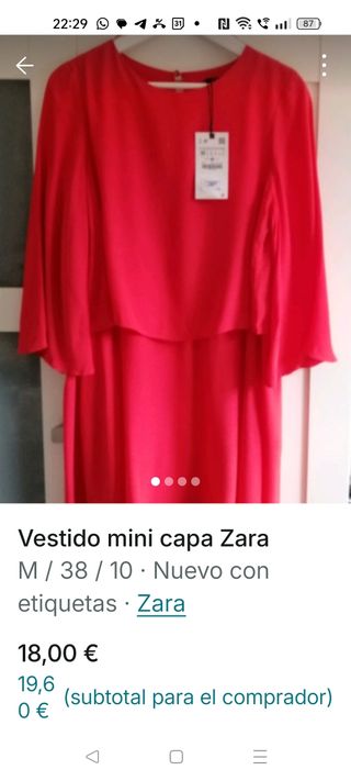 Vestido Zara Rojo Talla M Capa Superior