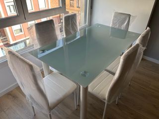 Mesa Comedor Cristal 140x80 + 6 Sillas Blancas