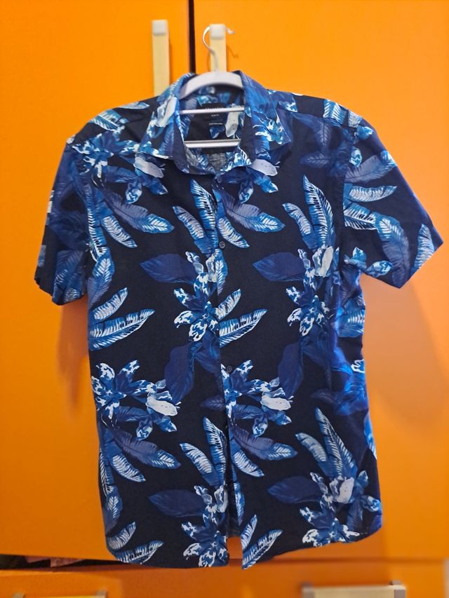 Camicia uomo fantasia floreale blu Cotone/Lino