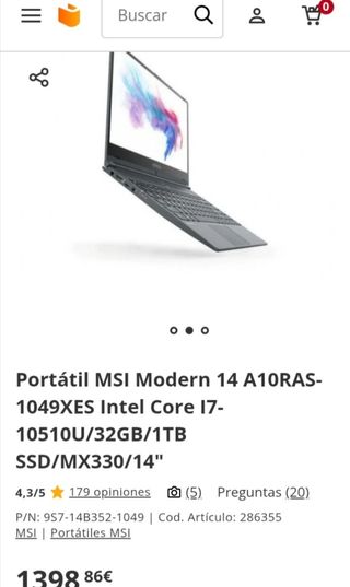MSI Modern 14 - I7 10thGen/32GbRam/MX330 2gb/ 1Tb