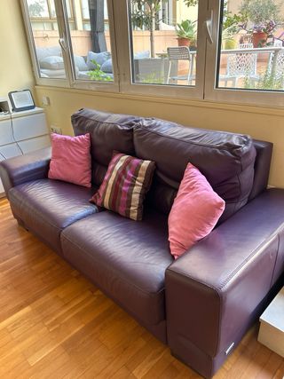 Sofá de piel morado y rosa
