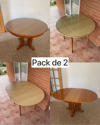 Pack 2 mesas redondas madera y cristal