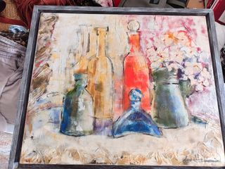 Cuadro abstracto botellas y flores