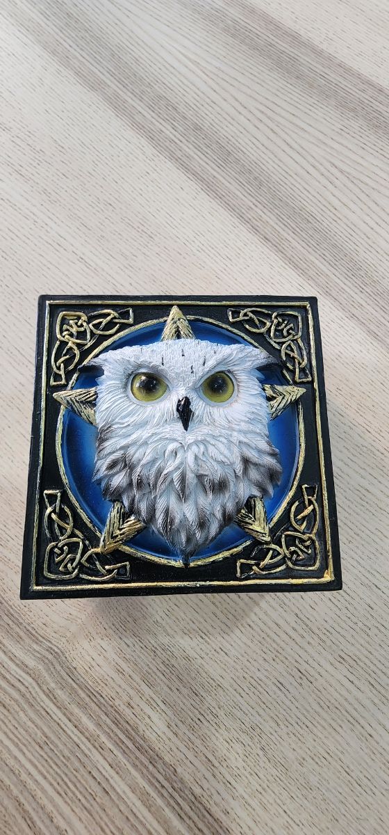 Caixa decorativa coruja com estrela celta.