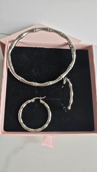 Conjunto Pulsera Aro Bambú Acero Plateado