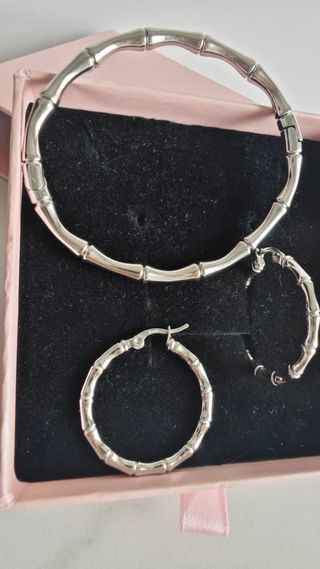 Conjunto Pulsera Aro Bambú Acero Plateado