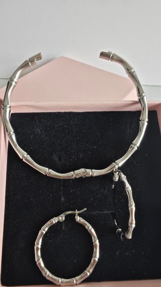 Conjunto Pulsera Aro Bambú Acero Plateado