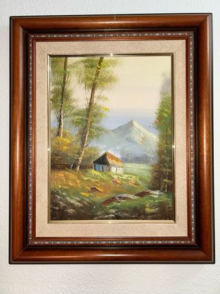 Cuadro al óleo paisaje río árboles