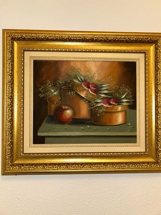 Cuadro al óleo paisaje río árboles