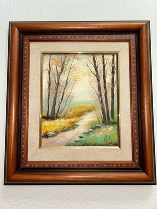 Cuadro al óleo paisaje río árboles