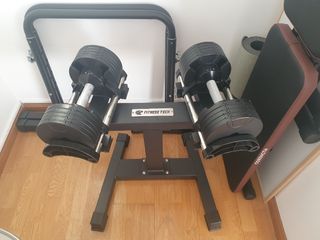 Mancuernas Ajustables + Soporte Fitness Tech