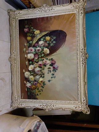 Cuadro al óleo grande flores cesta 1,10/85,