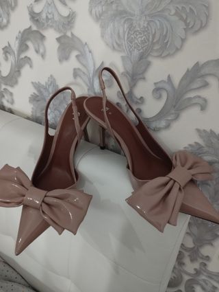 Zapatos Zara Tacon Moño Beige Rosa