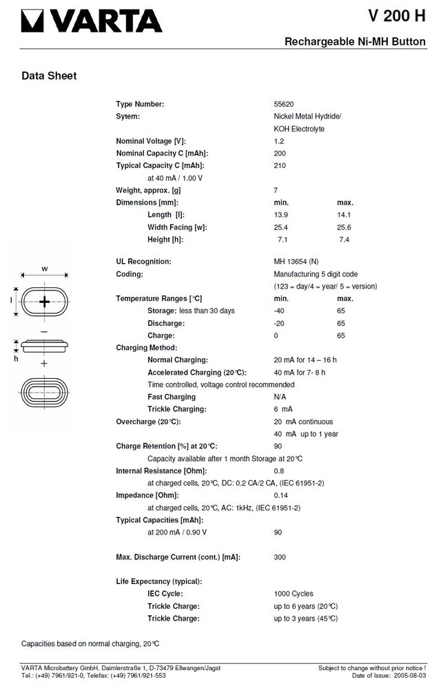 Batería Varta V200H NiMH 1.2V 200mAh