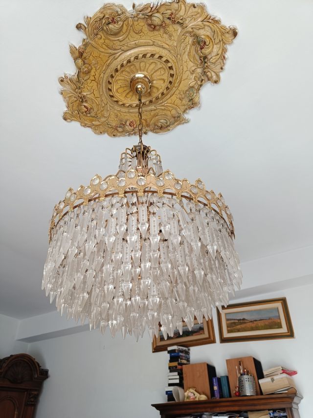 Lampadario cristallo oro e trasparente
