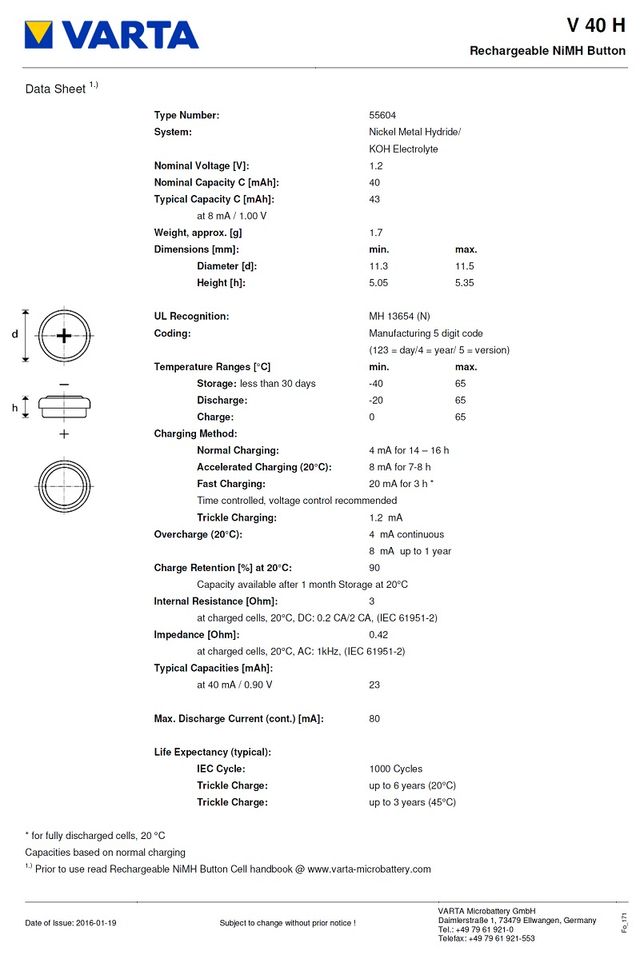 Batería Varta V40H NiMH 1.2V 40mAh Industrial