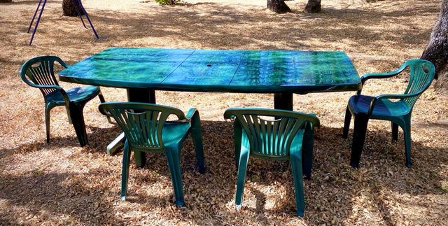 MESA JARDÍN RESINA 230x100cm + 4 SILLAS + COJINES.