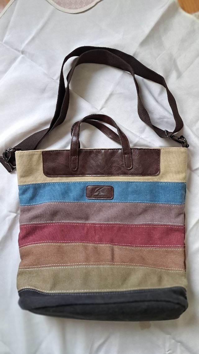 Borsa a tracolla e a mano in tela a righe multicol