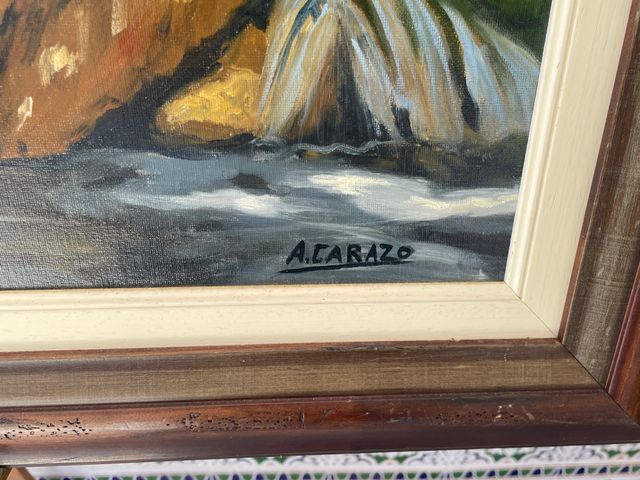 Cuadro paisaje otoñal con río y piedras