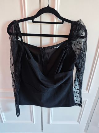 Blusa SHEIN negra manga de tul con lunares