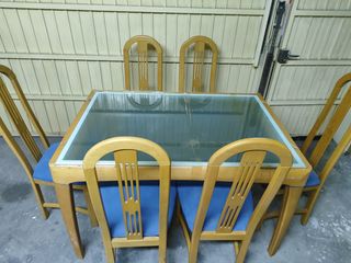 Mesa Comedor Cristal y 6 Sillas Madera