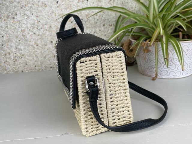 Bolso bandolera mimbre y polipiel negro