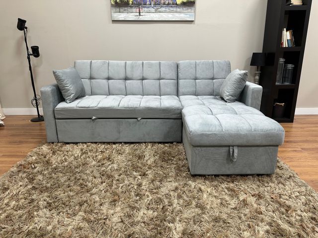 Sofá Cama Chaise Longue Terciopelo Gris