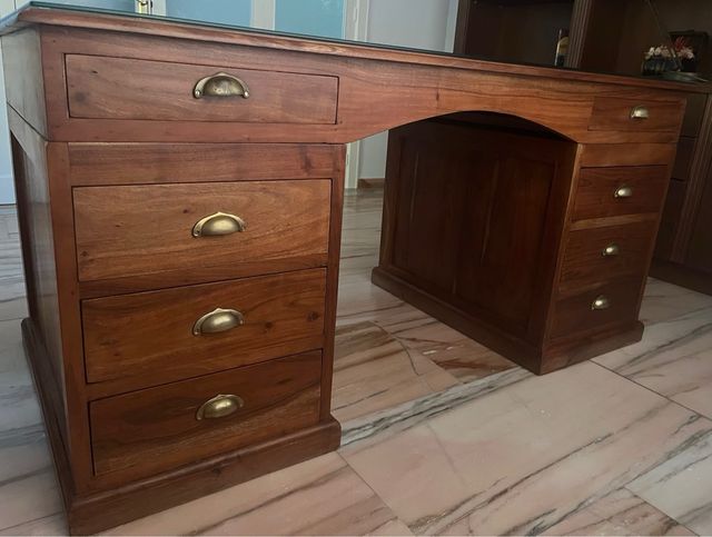 Escritorio madera teca con cristal