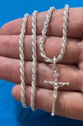 Lujoso Collar Cadena Cordon Macizo Y Cristo Plata