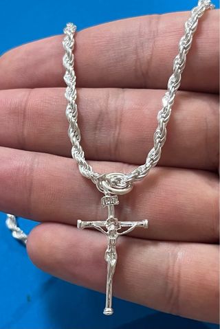 Lujoso Collar Cadena Cordon Macizo Y Cristo Plata