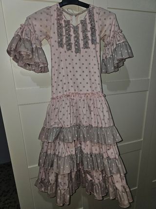 Vestido Flamenca Rosa y Gris Lunares Talla 4